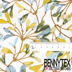 Coton enduit imprimé fruit du tilleul jaune rouge fond blanc discret