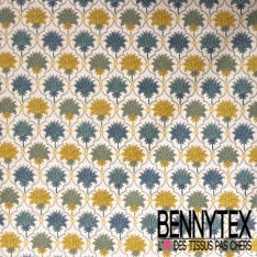 Coton enduit imprimé fleur cachemire anis taupe sapin fond blanc discret