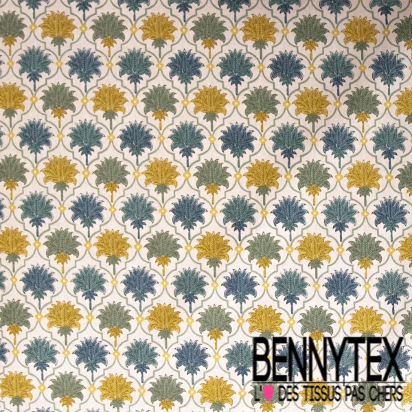 Coton enduit imprimé fleur cachemire anis taupe sapin fond blanc discret