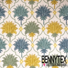 Coton enduit imprimé fleur cachemire anis taupe sapin fond blanc discret