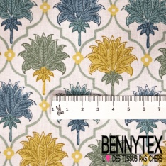 Coton enduit imprimé fleur cachemire anis taupe sapin fond blanc discret
