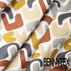Coton enduit imprimé fleur cachemire anis taupe sapin fond blanc discret