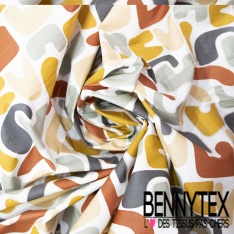 Coton enduit imprimé fleur cachemire anis taupe sapin fond blanc discret