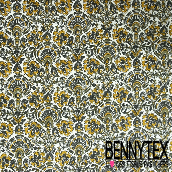 Coton enduit imprimé petite fleur cachemire or de pépite fond blanc discret