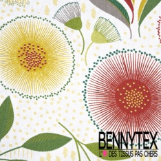Coton crétonne imprimé dandelion stylisé ton moutarde noir gros fond blanc discret