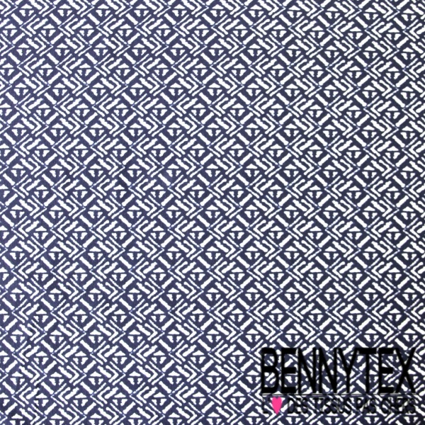 Jersey viscose imprimé tropical floral ton cannelle blanc discret fond bleu nuit