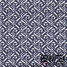 Jersey viscose imprimé tropical floral ton cannelle blanc discret fond bleu nuit