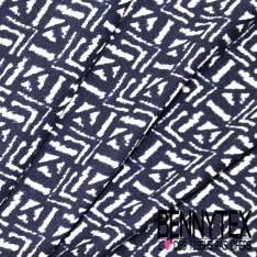 Jersey viscose imprimé tropical floral ton cannelle blanc discret fond bleu nuit