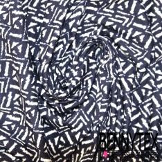Jersey viscose imprimé tropical floral ton cannelle blanc discret fond bleu nuit