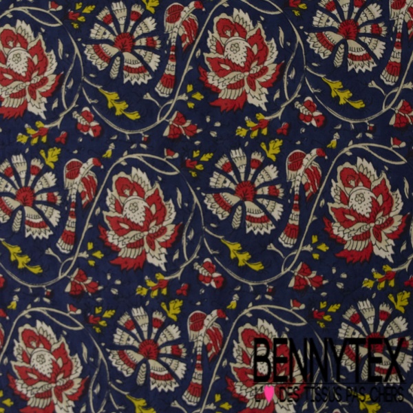 Coton crétonne imprimé dandelion stylisé ton rouge or de pépite gros fond blanc discret