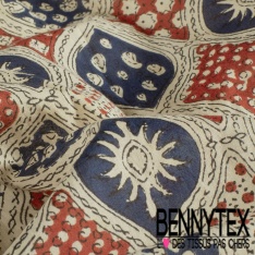 Coton batik imprimé abstrait indien blanc fond marine