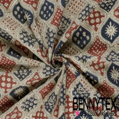 Coton batik imprimé abstrait indien blanc fond marine