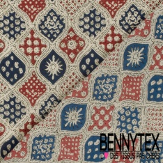 Coton batik imprimé abstrait indien blanc fond marine