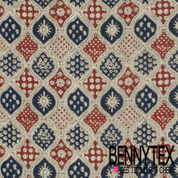 Coton batik imprimé abstrait indien blanc fond marine