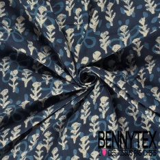 Coton batik imprimé abstrait fleur cachemire navy blanc cassé fond bleu nuit charbon
