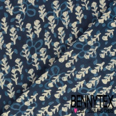 Coton batik imprimé abstrait fleur cachemire navy blanc cassé fond bleu nuit charbon