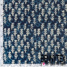 Coton batik imprimé abstrait fleur cachemire navy blanc cassé fond bleu nuit charbon