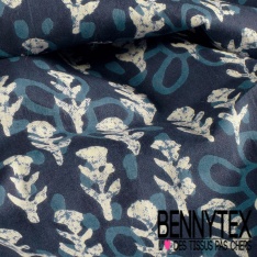 Coton batik imprimé abstrait fleur cachemire navy blanc cassé fond bleu nuit charbon