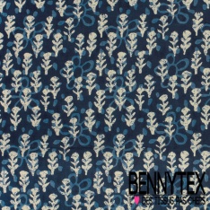 Coton batik imprimé abstrait fleur cachemire navy blanc cassé fond bleu nuit charbon