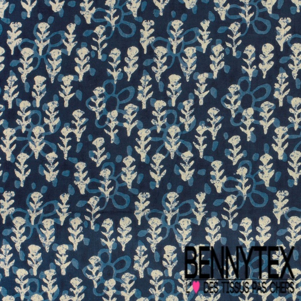 Coton batik imprimé abstrait fleur cachemire navy blanc cassé fond bleu nuit charbon
