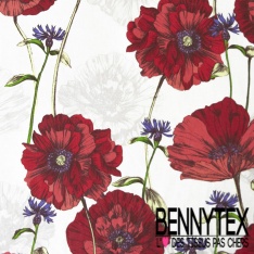 Coton crétonne imprimé dandelion stylisé ton rouge or de pépite gros fond blanc discret