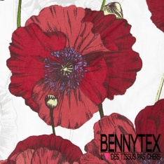 Coton crétonne imprimé dandelion stylisé ton rouge or de pépite gros fond blanc discret