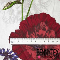 Coton crétonne imprimé dandelion stylisé ton rouge or de pépite gros fond blanc discret