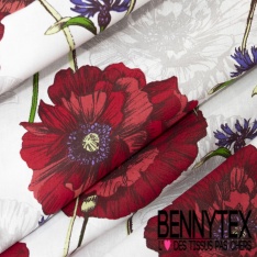 Coton crétonne imprimé dandelion stylisé ton rouge or de pépite gros fond blanc discret