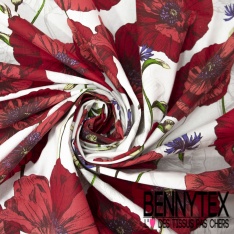 Coton crétonne imprimé dandelion stylisé ton rouge or de pépite gros fond blanc discret