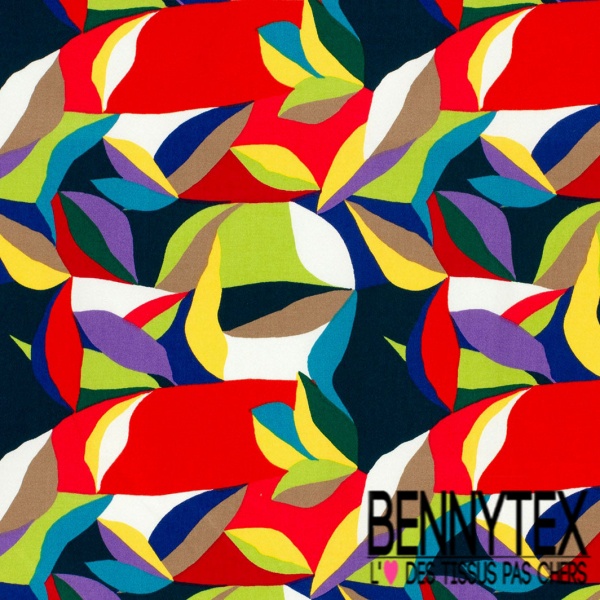 Coupon 3m Satin coton élasthanne imprimé feuillage rouge marine anis oeko tex