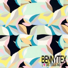 Satin coton élasthanne imprimé feuillage parme noir fushia oeko tex