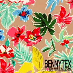 Satin coton élasthanne imprimé feuillage rose pastel marine vert d'eau oeko tex