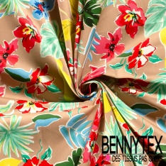 Satin coton élasthanne imprimé feuillage rose pastel marine vert d'eau oeko tex