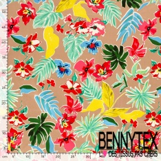 Satin coton élasthanne imprimé feuillage rose pastel marine vert d'eau oeko tex