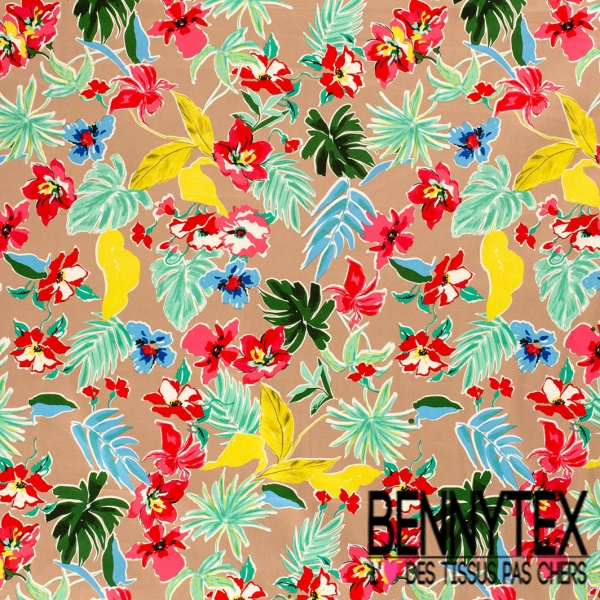 Coupon 3m Satin coton élasthanne imprimé floral tropical fond beige oeko tex