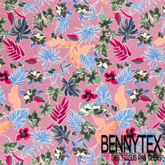 Satin coton élasthanne imprimé floral tropical fond beige oeko tex