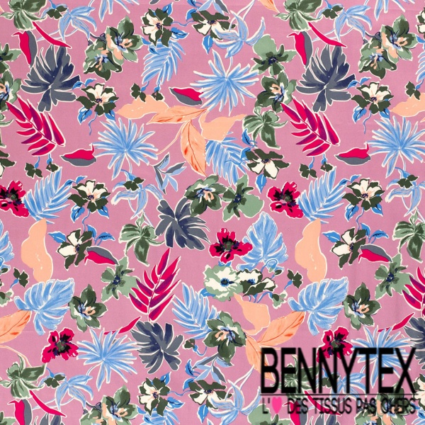 Coupon 3m Satin coton élasthanne imprimé floral tropical fond violine pastel oeko tex