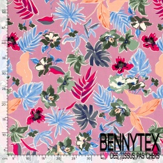 Satin coton élasthanne imprimé floral tropical fond beige oeko tex