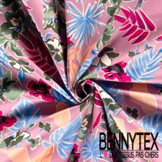 Satin coton élasthanne imprimé floral tropical fond beige oeko tex