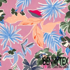 Satin coton élasthanne imprimé floral tropical fond beige oeko tex