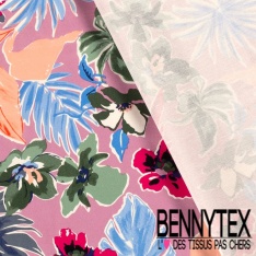 Satin coton élasthanne imprimé floral tropical fond beige oeko tex