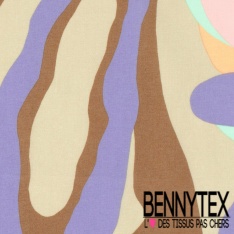 Popeline coton élasthanne motif grande marbrure multicolore anis orange sapin violet oeko tex