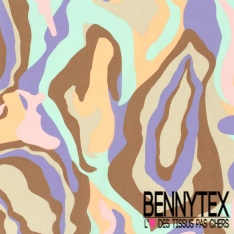 Popeline coton élasthanne motif grande marbrure multicolore anis orange sapin violet oeko tex