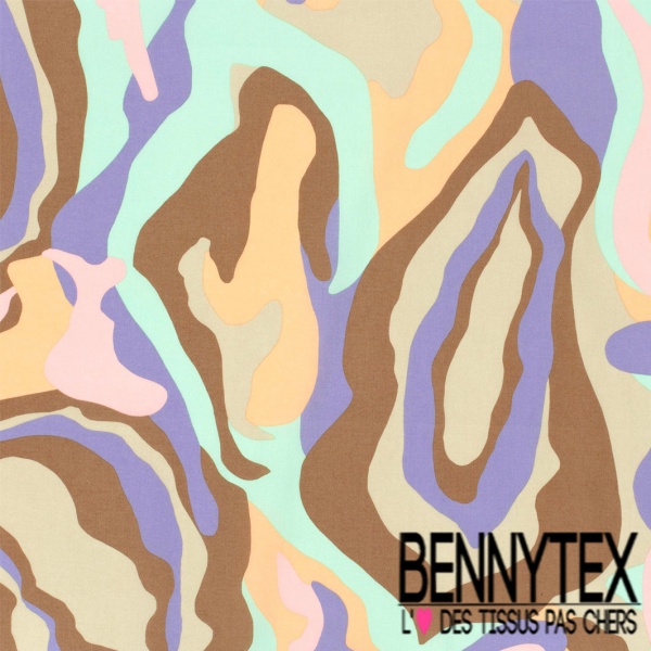 Popeline coton élasthanne motif grande marbrure multicolore anis orange sapin violet oeko tex