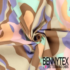 Popeline coton élasthanne motif grande marbrure multicolore anis orange sapin violet oeko tex