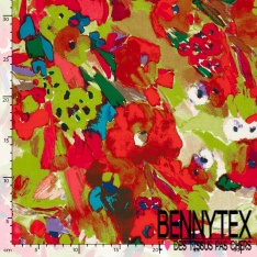 Popeline coton élasthanne motif floral esprit impressioniste ton rose jaune saumon abricot