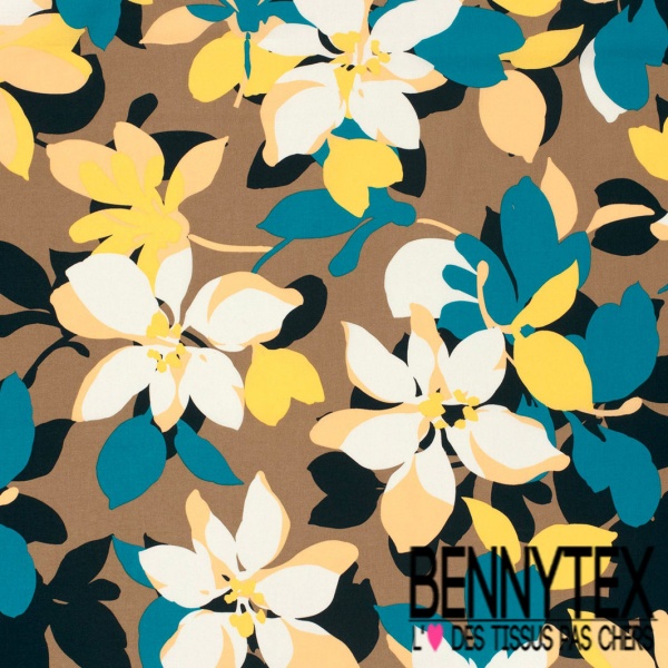 Popeline coton élasthanne motif floral cachemire fond vert sapin oeko tex