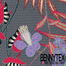 Popeline coton élasthanne motif floral tropical fond sable mouillé oeko tex