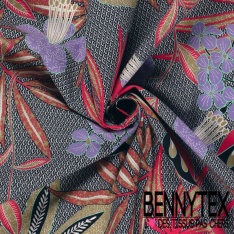 Popeline coton élasthanne motif floral tropical fond sable mouillé oeko tex