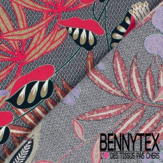 Popeline coton élasthanne motif floral tropical fond sable mouillé oeko tex